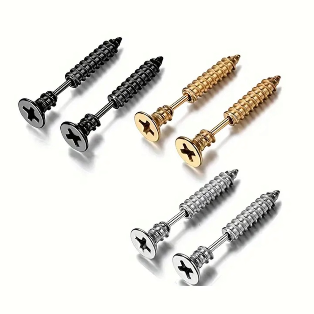 Screw Stud Unisex Earrings, 3 assorted Pairs